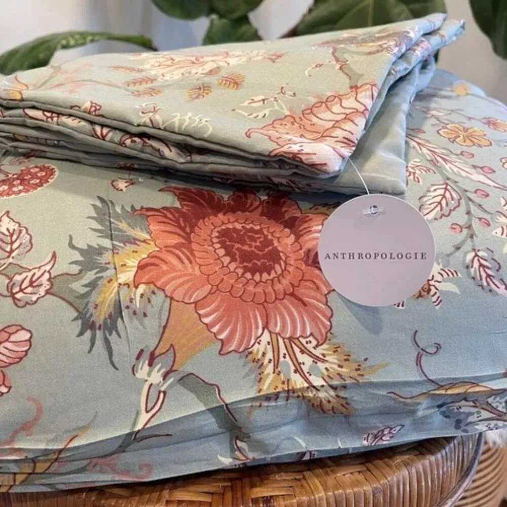 NEW Anthro Green Floral Queen / King Size Boho Retro Duvet Bedding Sham Case Set
